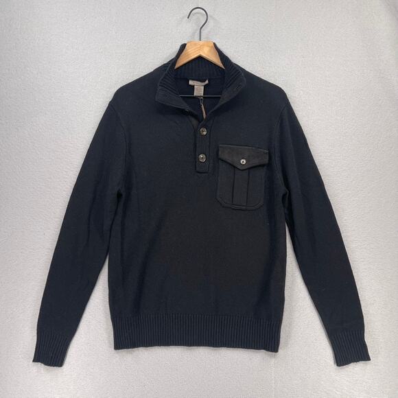 Amicale Sweater Mens Medium Black Pullover 1/2 Placket Stand Collar Jumper Wool - Picture 1 of 11